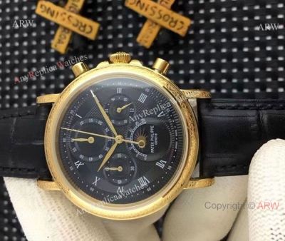 Copy Patek Philippe Complications Quartz Watch Gold Black Dial - Low Price